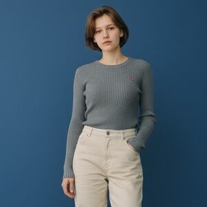 Levi Long Sleeve Heavyweight Ribbed Sweater. Grey Red Tab. Small #350